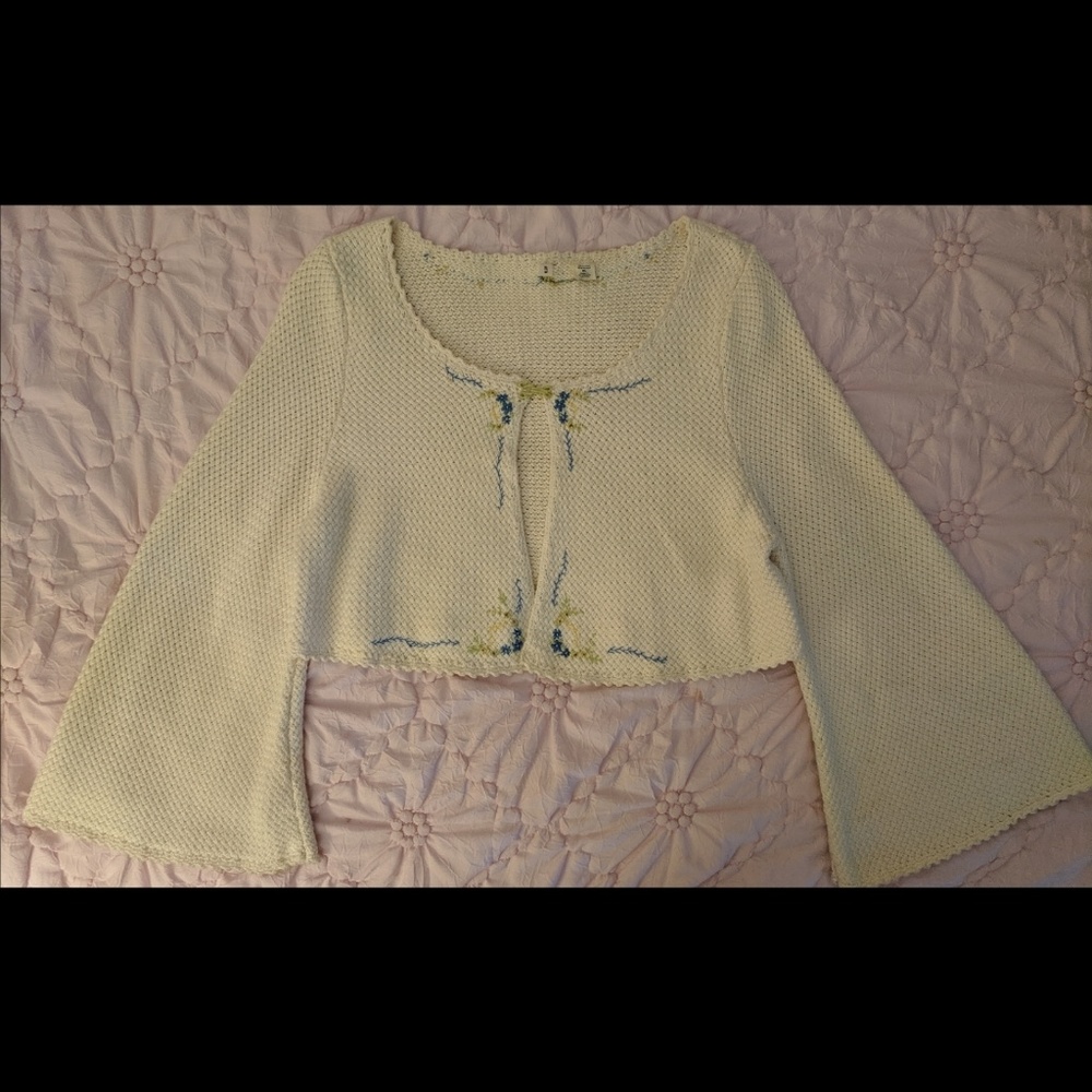 Anthropologie Embroidered Bell Sleeve Shrug